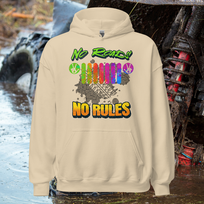 No Roads No Rules Hoodie - Off-Road Adventure Sweatshirt - Colorful Tire Track Design for Outdoor Enthusiasts