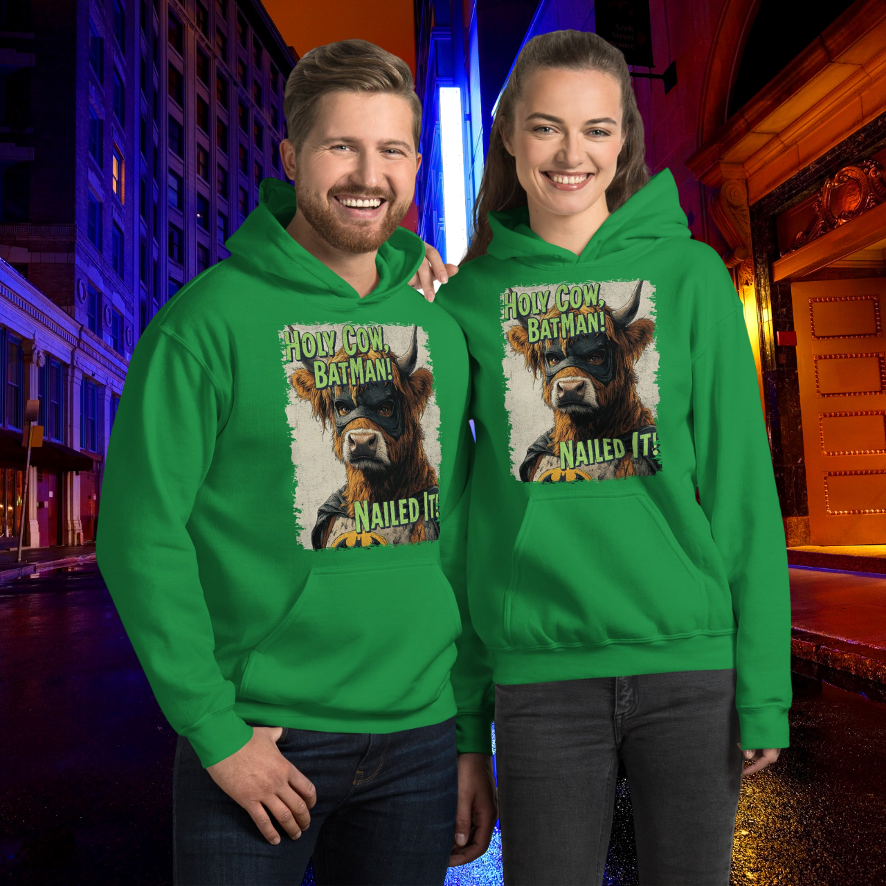 Holy Cow Batman Hoodie, Funny Highland Cow Sweatshirt, Nailed It Graphic Pullover, Western Comic Style Hoodie, Unique Cow Lover Gift Hooded Sweatshirt