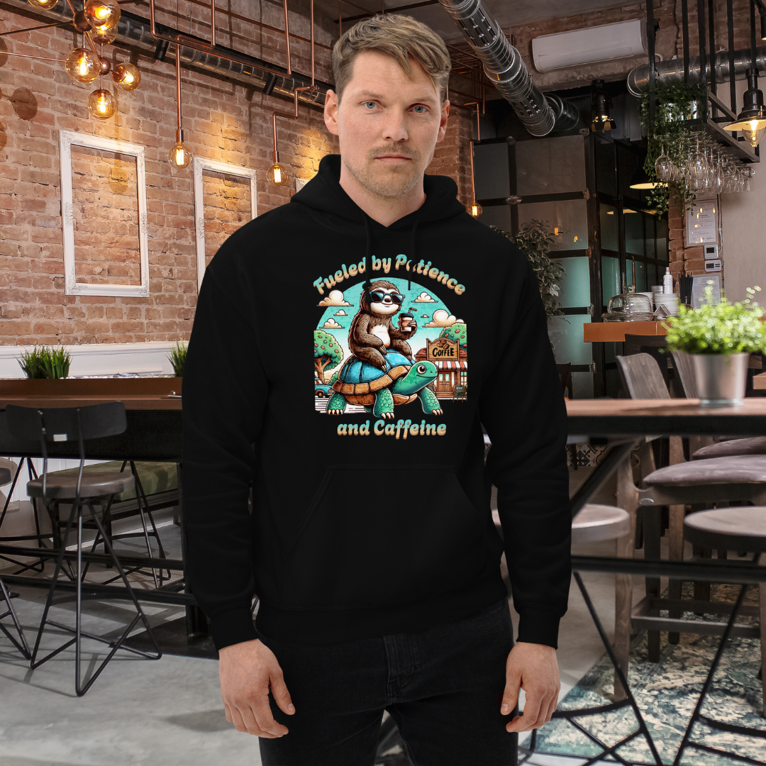 Fueled by Patience and Caffeine Hoodie, Funny Sloth and Turtle Coffee Graphic Pullover, Comfy and Humorous Sweatshirt for Coffee Lovers Hooded Sweatshirt