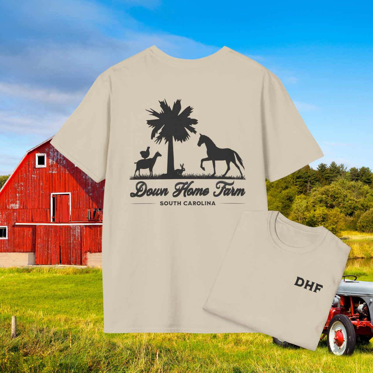 Down Home Farm South Carolina T-Shirt, Rustic Farm Logo Tee, Palmetto Tree and Animal Silhouette Design, Country Life Apparel, DHF Shirt