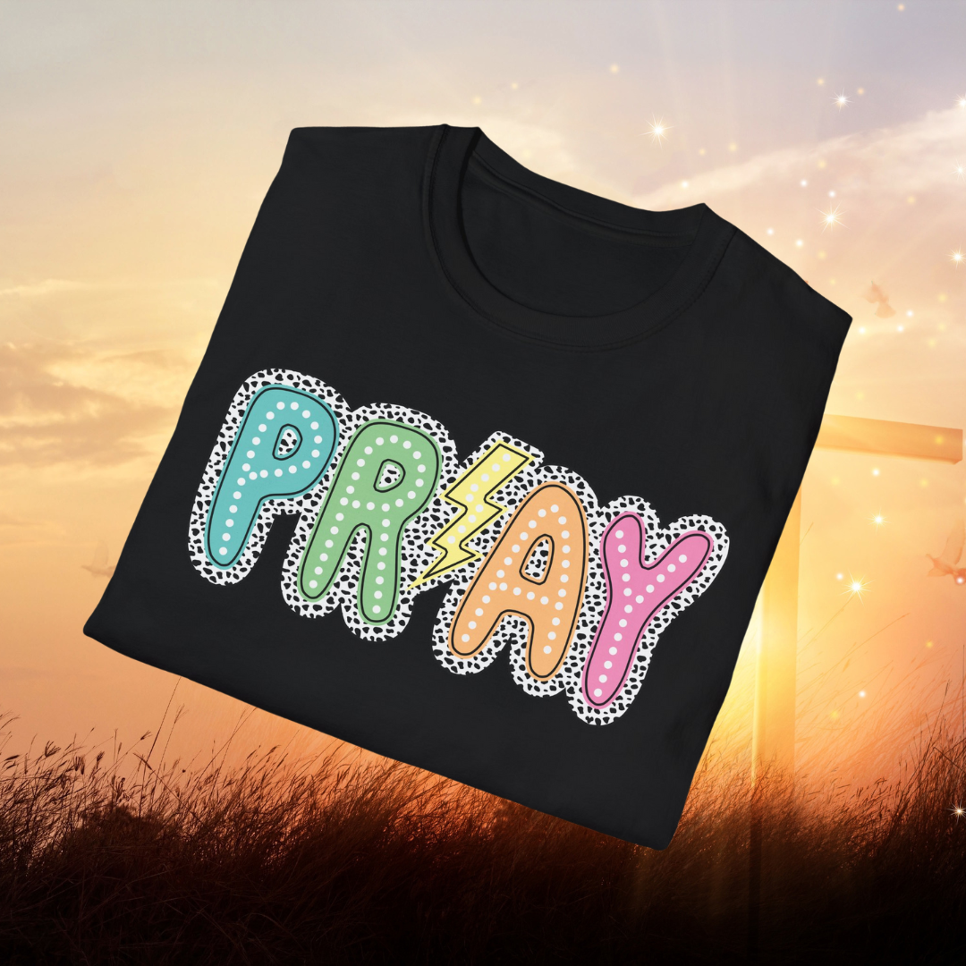 Pray Graphic T-Shirt, Christian Lightning Bolt Tee, Colorful Faith Shirt, Inspirational Religious T-Shirt, Spiritual Gift for Her