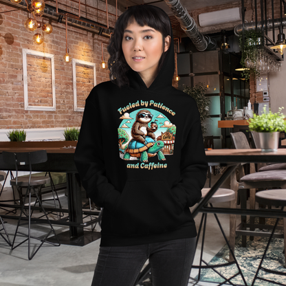 Fueled by Patience and Caffeine Hoodie, Funny Sloth and Turtle Coffee Graphic Pullover, Comfy and Humorous Sweatshirt for Coffee Lovers Hooded Sweatshirt