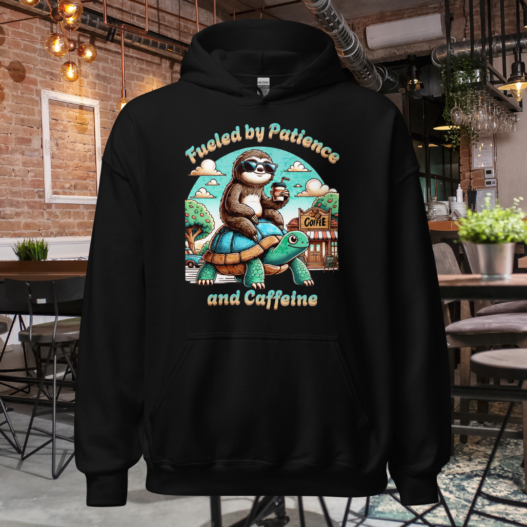 Fueled by Patience and Caffeine Hoodie, Funny Sloth and Turtle Coffee Graphic Pullover, Comfy and Humorous Sweatshirt for Coffee Lovers Hooded Sweatshirt