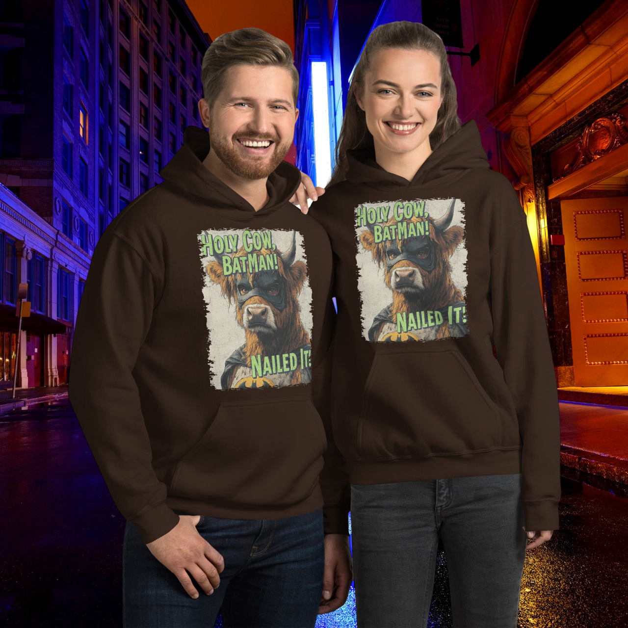 Holy Cow Batman Hoodie, Funny Highland Cow Sweatshirt, Nailed It Graphic Pullover, Western Comic Style Hoodie, Unique Cow Lover Gift Hooded Sweatshirt