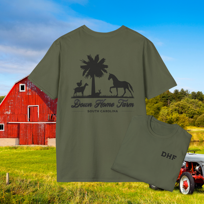 Down Home Farm South Carolina T-Shirt, Rustic Farm Logo Tee, Palmetto Tree and Animal Silhouette Design, Country Life Apparel, DHF Shirt