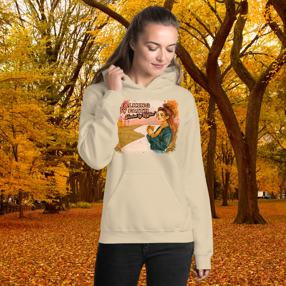 Walking by Faith Hoodie: Stay warm and inspired with this faith-filled design, fueled by coffee and perfect for fall! A stylish way to express your love for faith and caffeine. Hooded Sweatshirt