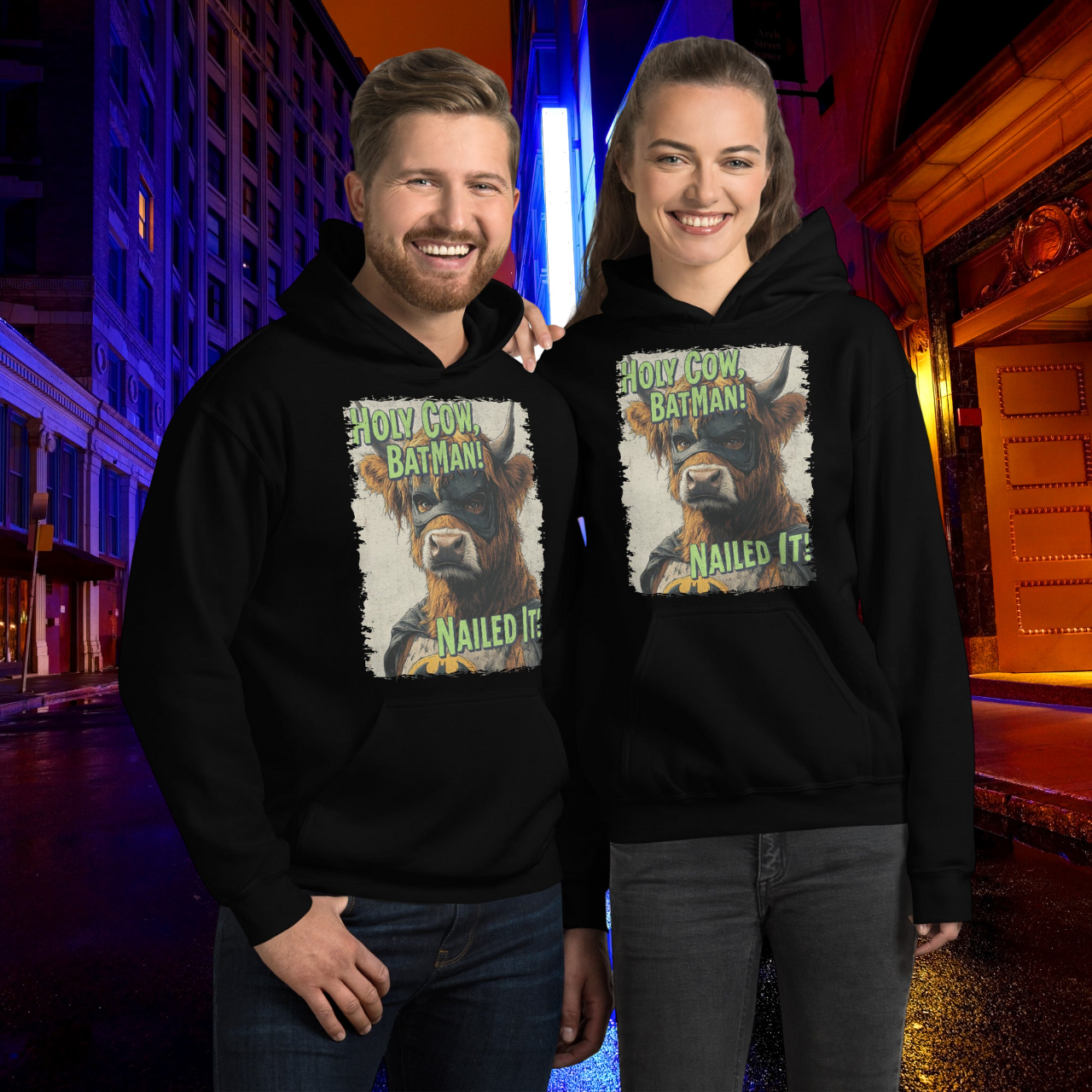 Holy Cow Batman Hoodie, Funny Highland Cow Sweatshirt, Nailed It Graphic Pullover, Western Comic Style Hoodie, Unique Cow Lover Gift Hooded Sweatshirt