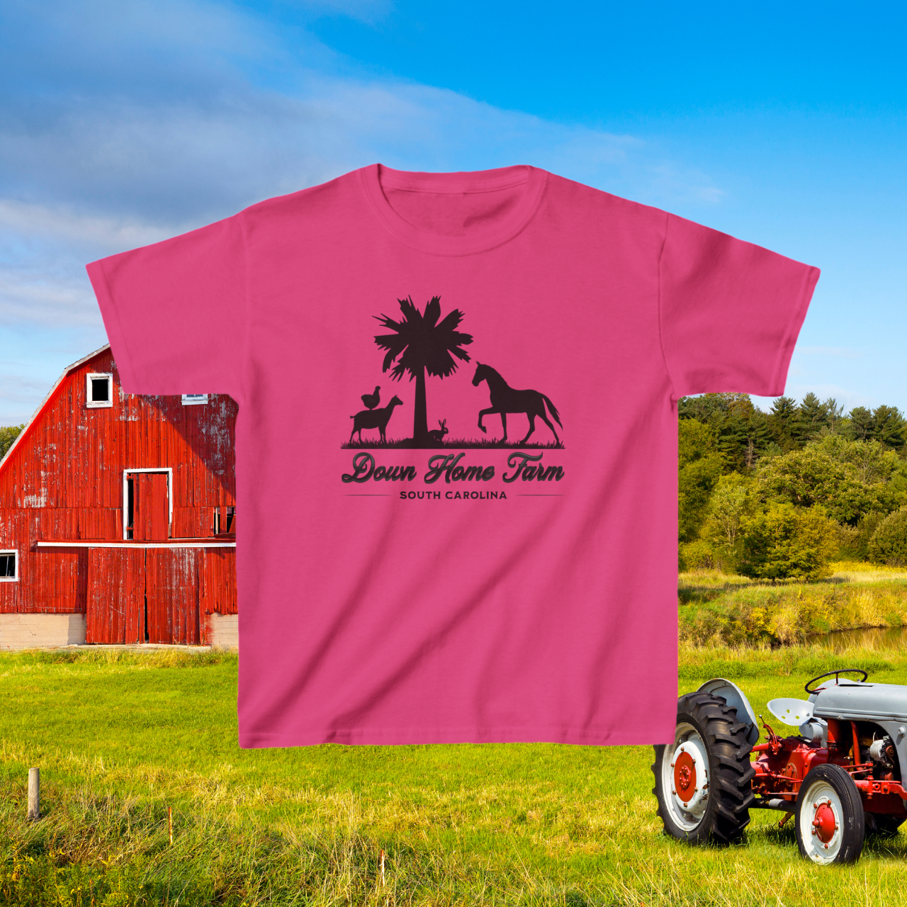 Down Home Farm South Carolina Youth T-Shirt, Cute Farm Logo Tee, Palmetto Tree and Animal Silhouette Design, Country Life Youth Apparel