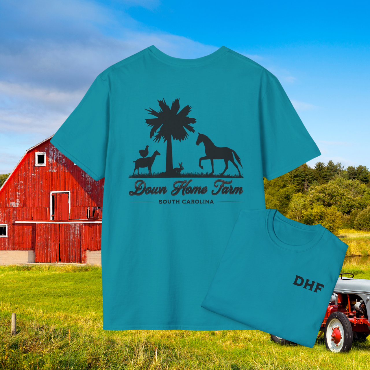 Down Home Farm South Carolina T-Shirt, Rustic Farm Logo Tee, Palmetto Tree and Animal Silhouette Design, Country Life Apparel, DHF Shirt