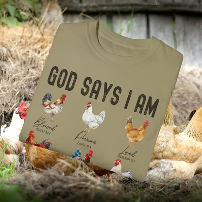 God Says I Am Chicken T-Shirt, Christian Farm Tee, Bible Verse Shirt, Inspirational Faith Shirt, Unique Rooster Design Tee, Religious Graphic Tee