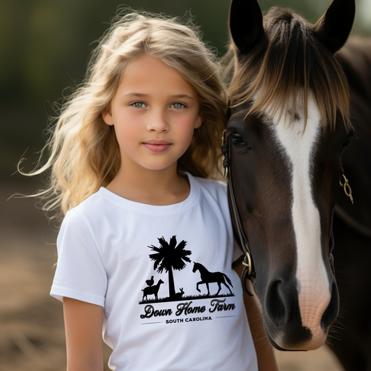 Down Home Farm South Carolina Youth T-Shirt, Cute Farm Logo Tee, Palmetto Tree and Animal Silhouette Design, Country Life Youth Apparel