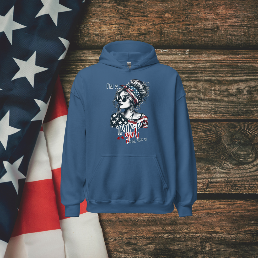 Patriotic Trump Girl Hoodie: Show off your bold and independent spirit with this stylish Hooded Sweatshirt featuring a confident design that's perfect for proud Americans.