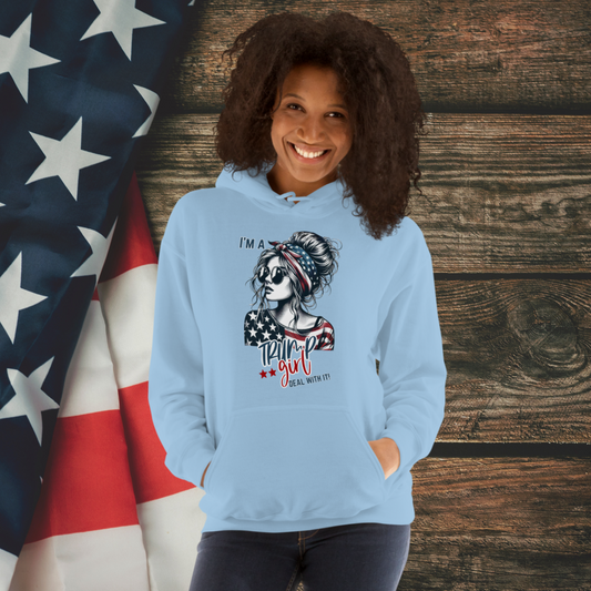 Patriotic Trump Girl Hoodie: Show off your bold and independent spirit with this stylish Hooded Sweatshirt featuring a confident design that's perfect for proud Americans.