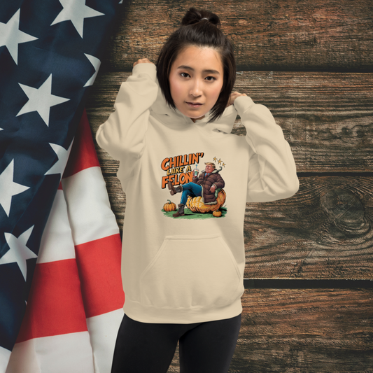 Chillin' Like a Felon Hoodie: A humorous and bold design hooded sweatshirt, perfect for those who like to keep it casual with a playful edge. Cozy up in style and laughs!