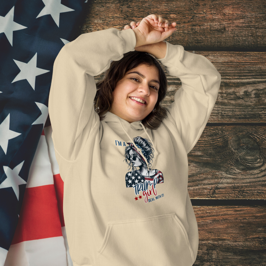 Patriotic Trump Girl Hoodie: Show off your bold and independent spirit with this stylish Hooded Sweatshirt featuring a confident design that's perfect for proud Americans.