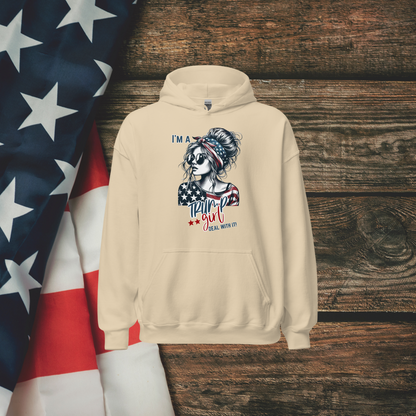 Patriotic Trump Girl Hoodie: Show off your bold and independent spirit with this stylish Hooded Sweatshirt featuring a confident design that's perfect for proud Americans.