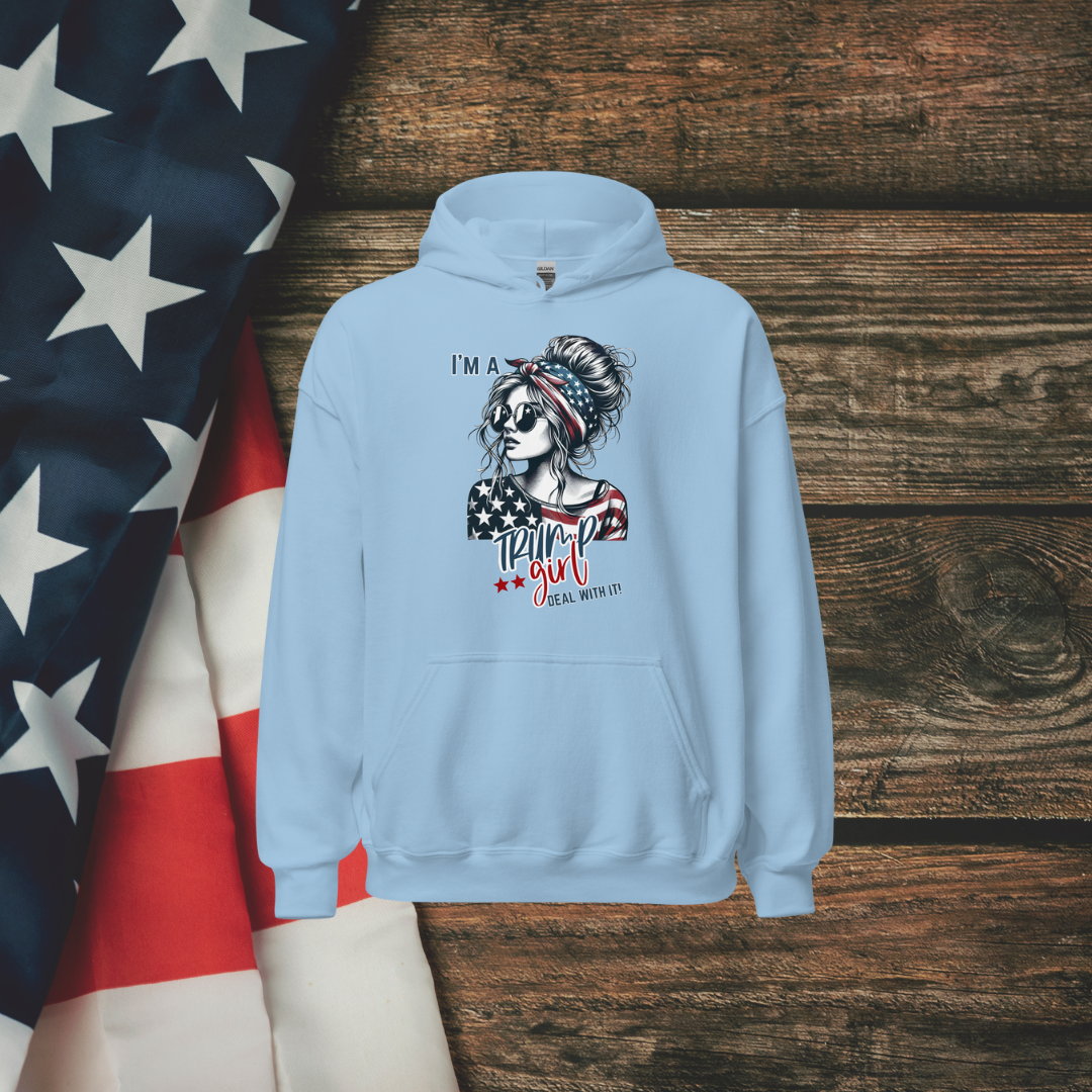 Patriotic Trump Girl Hoodie: Show off your bold and independent spirit with this stylish Hooded Sweatshirt featuring a confident design that's perfect for proud Americans.