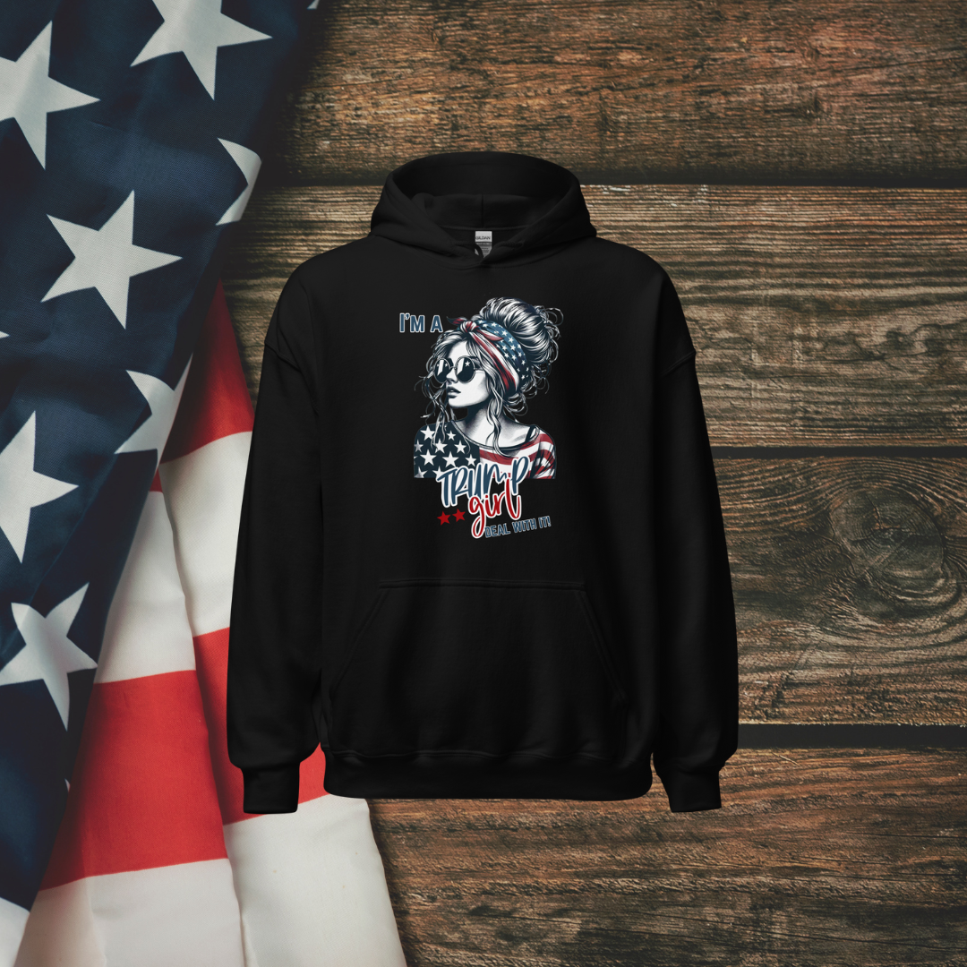 Patriotic Trump Girl Hoodie: Show off your bold and independent spirit with this stylish Hooded Sweatshirt featuring a confident design that's perfect for proud Americans.